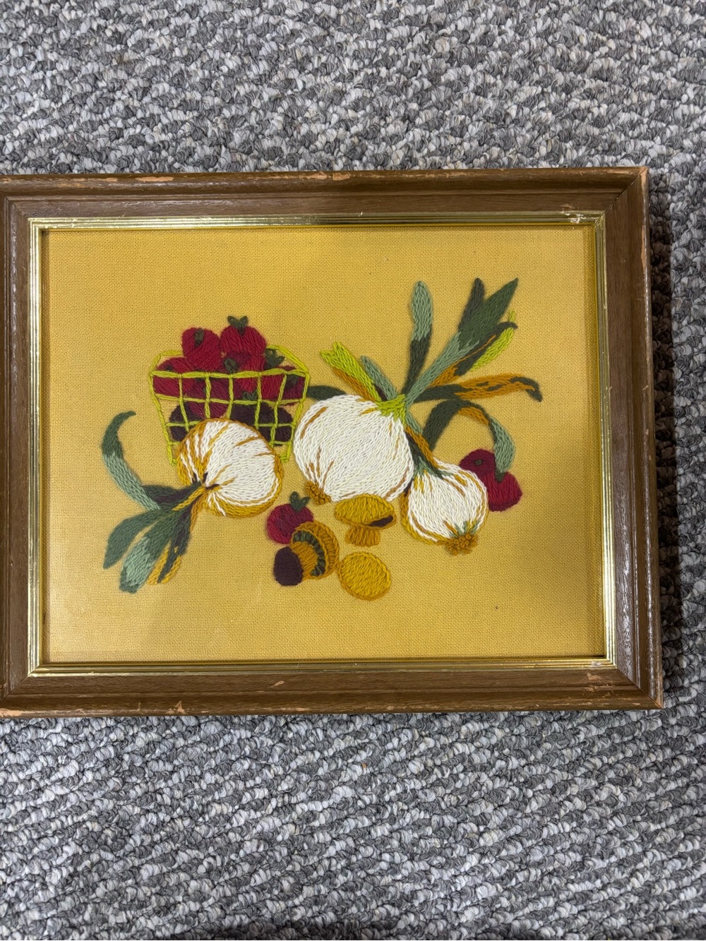 Vintage 70’s Crewel Embroidery Still Life featuring kitchen vegetables